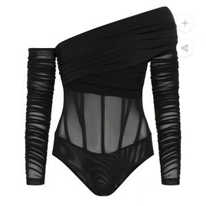 BARDOT BUSTIER CORSET MESH BODYSUIT - BLACK